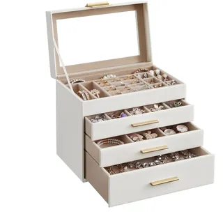 SONGMICS GISELLA Kollektion - Schmuckkästchen mit Glasdeckel, Schmuckkasten mit 4 Ebenen, Schmuckbox, 3 Schubladen, Schmuckaufbewahrung, modern, Geschenkidee, wolkenweiß-golden JBC161W01V1