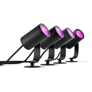 Philips Hue White & Color Ambiance Lily Gartenspot Standard Set mit 40W Netzteil (590 lm), dimmbare Außenleuchte mit 16 Millionen Farben, smarte Lichtsteuerung über Sprache oder App, schwarz, 4er Pack