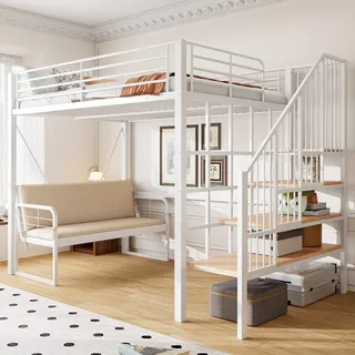 Etagenbett (140 X 200 ) Mit Stabilem Metallrahmen, Hochbett Mit Abnehmbarem Polstersofa, Stauraum Und Sicherheitstreppe. Geeignet Für Kinder, Jugendliche Und Erwachsene