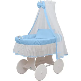 waldin Stubenwagen-Set mit Ausstattung,XXL,Bollerwagen,komplett,6 Modelle wählbar,Gestell/Räder weiß lackiert,Stoffe blau/weiß