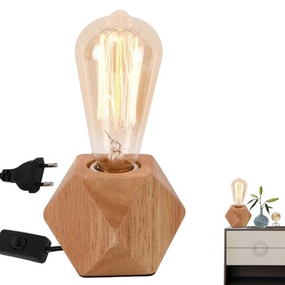 Tischlampe aus Holz Schalter, Kleine Nachttischlampe mit Diamant-Holzsockel E27 kompatibel mit Glühlampen LED-Leuchten max60W Perfekt für Schlafzimmer Wohnzimmer oder Büro(Ohne Glühbirne) (1 Stück)