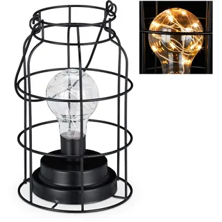 Relaxdays Tischlampe Vintage, Gitterlampe mit LED Glühbirne, schwarz | warmweiß, Batterie, Drahtlampe Industrie Design