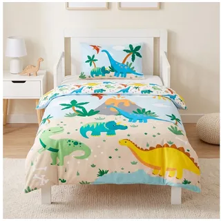 MTOnlinehandel Babybettwäsche Dino 100x135 + 40x60 cm, 100 % Baumwolle Flanell, Biber/Flanell, 2 teilig, Dinosaurier Kinderbettwäsche, fröhliches Kinderzimmer bunt