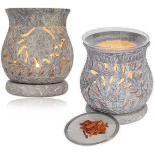 Budawi® Aroma Duftlampe aus Speckstein Motiv Blume mit Glasschale und Sieb Räucherstövchen Duftlicht Aromalampe Raumduft