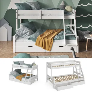 VitaliSpa Hochbett Kinderbett Spielbett Everest Weiß modern 120x200 Massivholz Kinderzimmer Bett Lattenrost Bettleiter Kletterbett Doppelbett Geschwisterbett Bettschublade Rollschublade