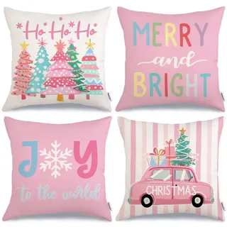 GEEORY G581-18 Weihnachts-Kissenbezüge, Weihnachtsbäume, LKW, Frohe und helle gestreifte Weihnachtsdekoration, 45,7 x 45,7 cm, 4 Stück