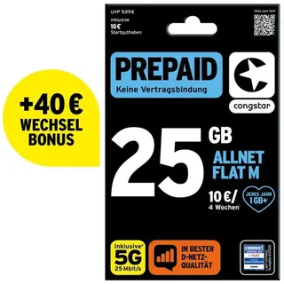 congstar Prepaid Allnet M: 25 GB Datenvolumen & Flatrate für Telefonie und SMS, 5G-Speed, EU-Roaming, 40€ Wechselbonus