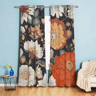 Tokusyou Blumen Gardinen Blickdicht Vorhänge Boho Vintage mit Ösen Landhaus Verdunklungsvorhange Dekoschal Thermovorhang Kälteschutz Orange für Schlafzimmer Wohnzimmer 2er Set 210×132cm(H×B)