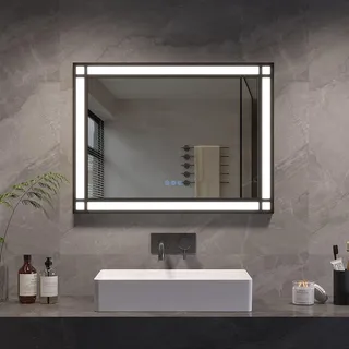 AQUABATOS Badspiegel mit Beleuchtung Schwarzer Rahmen Fensteroptik 80x60cm, Badezimmerspiegel Beleuchtet Beschlagfrei Led Bad Spiegel mit Touch-Schalter, 3 Lichtfarben Dimmbar