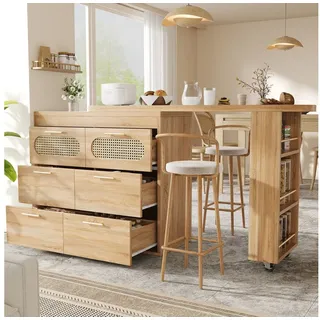 Flieks Bartisch 360° drehbar Stehtisch & Kommode mit Rattan-Schubladen (Set, 2-St., schwenkbarer Tisch mit Schrank), ausziehbar Esstisch mit Ablagen und Rollen Sideboard Holzoptik beige