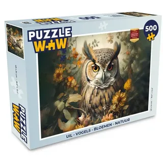MuchoWow Puzzle Eule - Vögel - Blumen - Natur, 500 Puzzleteile, Foto-Puzzle, Bilderrätsel, Puzzlespiele, Spielzeug 34 cm x 48 cm x 2 cm | Querformat