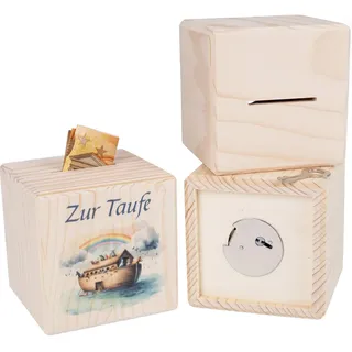 Holz Frank Spardose Holz Spardose Würfel mit Metallschloss - Zur Taufe mit Arche Noah, (3-tlg) beige