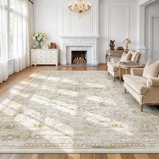 smiry Retro Vintage Wohnzimmer Teppich 200 x 300 cm Teppiche Creme | Kunstwolle Kurzflor Groß Tepich, Weich Rutschfest Pflegeleicht, Waschbarer Teppich für Kinderzimmer, Schlafzimmer, Esszimmer