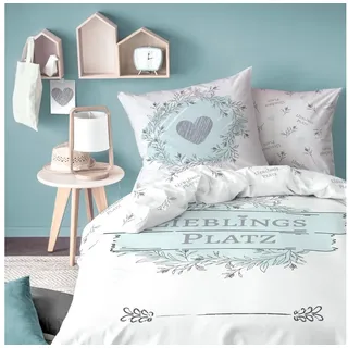 MTOnlinehandel Bettwäsche Lieblingsplatz 155x220 + 80x80 cm, 100 % Baumwolle, Biber, 2 teilig, Blumen, Herz & Spruch, Bettwäsche-Set Flanell Teenager & Erwachsene weiß