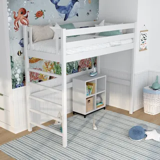 N-wood N01 Hochbett Holz 120x200 cm, Etagenbett mit Leiter, 2 Leitermontageseiten: Links oder rechts, sichere abgerundete Kanten, Stabile Massivholzkonstruktion, Weiß