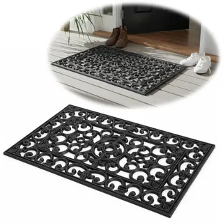 LS-LebenStil Türmatte Fußmatte Gummi Filigran 75x45cm Ornament Schwarz Antirutschmatte Außen Türvorleger Schmutzfangmatte Fußabtreter Türvorleger Abstreifer Schmutzmatte Gummimatte Wetterfest
