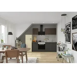 Optifit Madrid420 Singleküche Typ 2  (Breite: 210 cm, Anthrazit/Rillendekor Nussbaum, Mit Elektrogeräten)