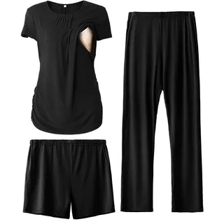 SUNNYBUY Damen Umstandsmode Stillpyjama-Set, 3-teiliges Schlafanzug Set | Kurzarm-Stillshirts, Schwangerschafts-Shorts & Hosen für jede Jahreszeit, Lounge Set Für Tag & Nacht - L