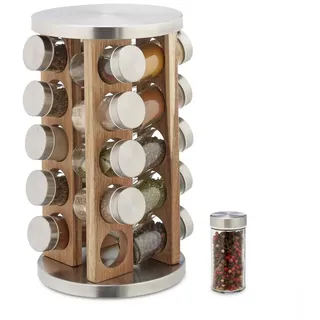 relaxdays Gewürzregal Gewürzkarussell mit 20 Gläsern braun|silberfarben