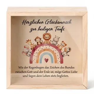Namalu Spardose Taufe aus Holz Geldgeschenk zur Taufe, Regenbogen Tiere | 16 x 16 cm, Geldgeschenke Verpackung Taufe, 3D Sparrahmen, Taufe Geschenk, Geburtstagsgeschenk, Taufgeschenke von Großeltern