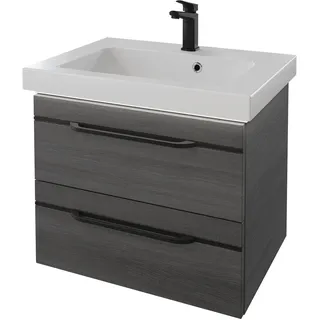 Pelipal Balto Komplett-Set Waschtischunterschrank mit Beleuchtung Mineralmarmorwaschtisch 644 x 460 mm - Graphit Struktur quer Nachbildung mit schwarzer Einlage - SET-098-037