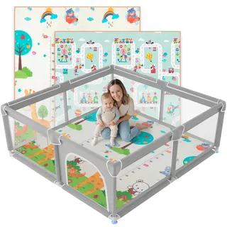 JUPPLIES Laufstall Baby 120×120 cm mit Spielmatte – Laufgitter Baby mit seitlicher Tür & atmungsaktivem Netz, rutschfest und stabil – Playpen für Wohnung & Wohnzimmer
