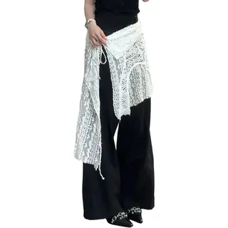 Fazvncv Koreanischer Overlay-Halfrock für Damen, asymmetrischer Hüftschal, ausgehöhlt, florale Spitze, Schnürschürze, Rock, Netz-Hemdverlängerung