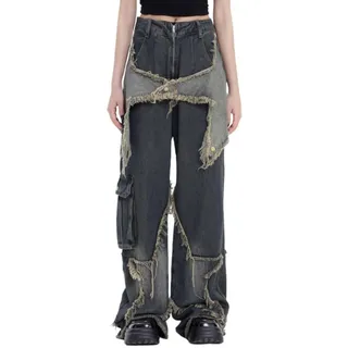 TERAZUNO Baggy Jeans Damen Y2k Boyfriend Jeans Hose Stern Muster Patchwork Hip Hop Breites Bein Retro Denim Hose Sommer Freizeit Unisex Streetwear Vielseitig Gotisch Bootcut Hose - XL