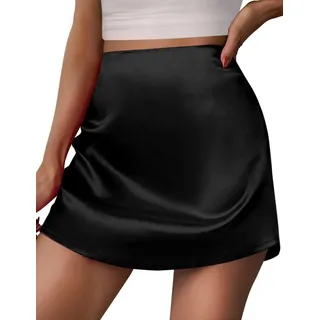 CADTARBAB Damen Satin Rock Hohe Taille Mini Skirt Elegant Seide Rock Herbst Sommer Sexy Rock mit Reißverschluss(Schwarz/L) - L