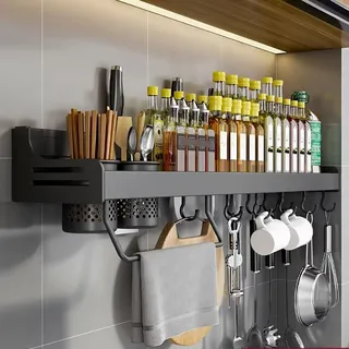Edumov Gewürzregal Wand, Gewürz Organizer Ohne Bohren, Gewürzregale Hängend, Gewürzhalter Kleben, Küchenregal Wand Metall für Schranktür,Küche, Spice Rack, 50cm, Schwarz