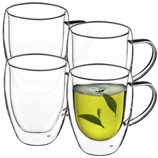 KADAX Doppelwandige Kaffeetassen, 4er Set, 350 ml, Teegläser mit Griff, Teetassen aus Glas, Tassen für Kaffee, Cappuccino, Latte Macchiato, Espresso & Tee, Teeglas