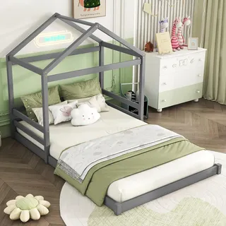 FAVSH Hausbett 140x200 cm, Bodenbett Kinderbett mit Rausfallschutz und Lattenrost, Massivholz Kiefer Bettgestell für Kinder und Jugendliche, Flachbett skandinavischen Design, Grau, ohne Matratze