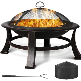 LIFERUN Φ76cm Feuerschale mit Funkenschutz & Grillrost, Feuerkorb mit 600D wasserdichte Oxford Abdeckung, Große Feuerschalen für den Garten, Multifunktional Feuerstelle, für Grillen und Heizen