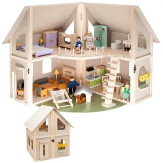 howa Puppenhaus Holz klappbar, Holzpuppenhaus mit 30 Möbeln & 4 Puppen 7016