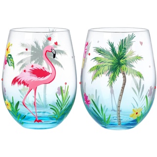 NymphFable Flamingo Weingläser ohne Stiel 2er-Set, Handbemaltes Bunte Weinglas Geschenk für Frauen, mit Geschenkbox, 18oz