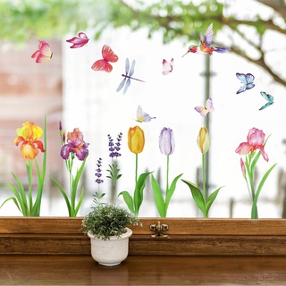 9 Blatt Fensterbilder Doppelseitig Blumen Schmetterling Fensterdeko Wiederverwendbar Fenstersticker Selbstklebend Fenster Aufkleber Deko Frühling Sommer für Glas Kinderzimmer Badezimmer (Bunt A)