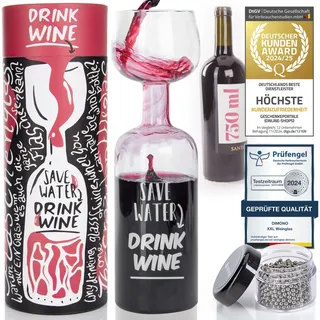Dimono® XXL Weinglas das ultimative Weinflaschen Glas Rotweinglas Weißweinglas 750 ml mit Reinigungskugeln und Geschenkverpackung (Rotweinglas 750 ml mit Reinigungsperlen)