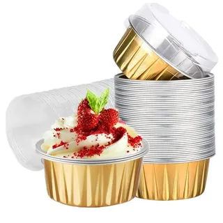 Omgoods – 100 Stück Aluminiumfolien-Backformen mit Deckel – Einweg-Muffin- und Kuchenformen (Gold)