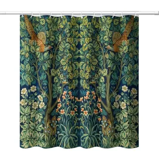 DDCBNS William Morris Stil Duschvorhang, Mitte des Jahrhunderts, Vintage-Blume, Vögel, grüne Pflanze, Abstrakter Kunstdruck, Duschvorhang für Badezimmer, Dekoration, Stoff, wasserdicht, Polsterhaken,