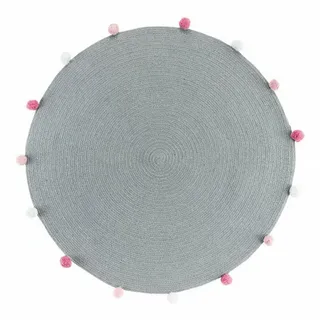 Macosa Home Teppich Rund 90 cm Rosa od. Grau uni mit bunten Bommel, rund, Baumwolle Boho Dekoteppich grau