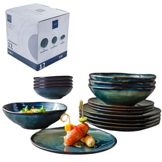 Kadum Keramikteller Geschirrset Teller-Set Tafelservice Speiseteller Pastateller Frühstücksteller Bowl Mediterran Blau-Grün-Gold (16 teiliges Set)