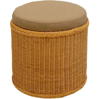 Rattan Wäschekorb mit gepolsterten Sitz/Wäschetruhe Rund in der Farbe Honig - Großer heller Wäschesammler/Sitztruhe aus Natur-Rattan auch perfekt als Badhocker/Sitzhocker