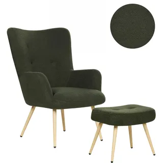 Beliani Ohrensessel VEJLE Bouclé 70 x 100 x 80 cm Dunkelgrün mit Hocker