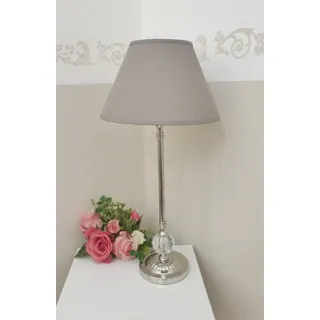 Tischlampe MINA H50cm Schirm Rund Taupe Fuß Nickel glanz mit Kristall Acryl
