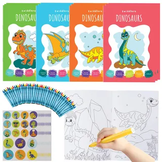The TWIDDLERS 12 Mini Malbücher für Kinder, A5-Format - 16 lustige Designs mit 4 Buntstiften und Aufklebern - Partygeschenke für Kinder von 4-8 Jahren, Mini Malbuch Mitgebsel
