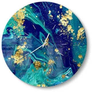 DEQORI Wanduhr 'Marmor mit Goldakzent' (Glas Glasuhr modern Wand Uhr Design Küchenuhr) blau 50 cm x 50 cm