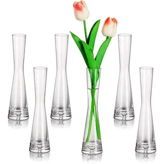Glasseam Blumenvase Modern Glasvasen Schmal: 6er 20cm Hoch Blomus Vase Glas Set Handmade Schmale Vasen Tischdeko Wohnzimmer Esstisch Tulpenvase Dekovase für Pampasgras Tulpen Rose Hochzeit Deko