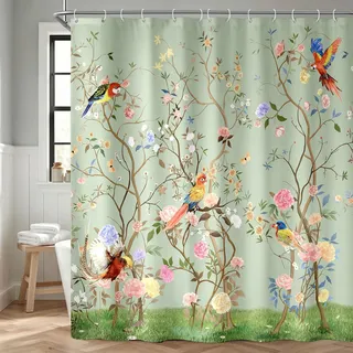 NDDYCU Duschvorhang 180x200 Grün Blumen Bunt Vogel Motiv Wasserdicht | Lebendige Bilder, Wasserabweisende Beschichtung, 150GMS Gewichteter Polyester, Gewicht Saum, 12 Haken