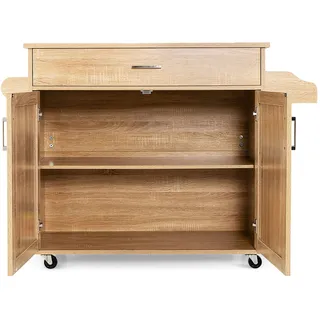 FANTASK Küchenwagen mit Schublade & Schrank, Servierwagen Holz mit Rollen, Rollwagen mit Handtuchhalter, Gewürzboard & Verstellbarer Ablage, Küchenschrank (Natur)