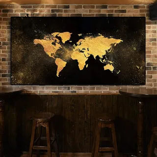 AWKFHF Abstraktes Schwarzes Gold Weltkarte Bilder,Leinwandbild Poster Kunstdruck Wohnzimmer Deko Schlafzimmer Bilder Wanddekoration (57X100CM,ohne Rahmen)